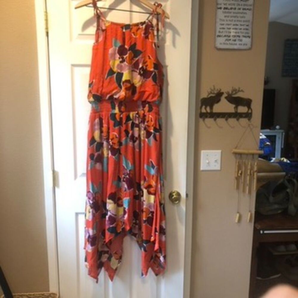 Maurices Floral Halter Neck Midi Dress Orange Size L Flowy Beachy Wedding Boho